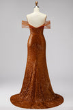 Bronze Off the Shoulder Sequins Sheath V-Neck Prom Dress with Sweep Train