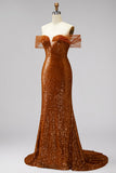 Bronze Off the Shoulder Sequins Sheath V-Neck Prom Dress with Sweep Train