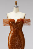 Bronze Off the Shoulder Sequins Sheath V-Neck Prom Dress with Sweep Train