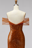 Bronze Off the Shoulder Sequins Sheath V-Neck Prom Dress with Sweep Train