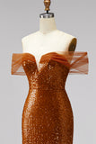 Bronze Off the Shoulder Sequins Sheath V-Neck Prom Dress with Sweep Train