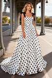 Black and White Polka Dot Satin A Line Long Prom Dress