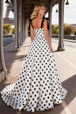 Black and White Polka Dot Satin A Line Long Prom Dress