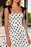 Black and White Polka Dot Satin A Line Long Prom Dress