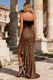 Strapless Khaki Ruffled Leopard Long Prom Dress with Slit