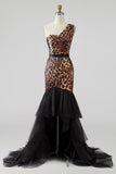 Khaki Leopard One Shoulder Mermaid Long Prom Dress