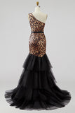 Khaki Leopard One Shoulder Mermaid Long Prom Dress