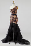 Khaki Leopard One Shoulder Mermaid Long Prom Dress