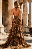 Halter Mermaid Khaki Leopard Ruffled Backless Long Prom Dress