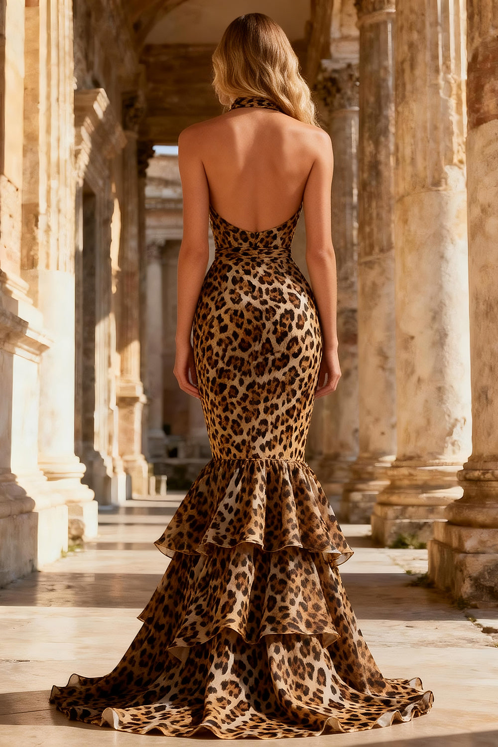Mermaid Khaki Leopard Halter Open Back Long Prom Dress Mermaid Khaki Leopard Halter Open Back Long Prom Dress