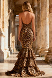 Mermaid Khaki Leopard Halter Open Back Long Prom Dress