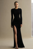Black Round Neck Mermaid Long Sleeve Formal Dress with Slit