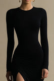 Black Round Neck Mermaid Long Sleeve Formal Dress with Slit