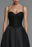 Sparkly Black Spaghetti Straps A Line Long Formal Dress
