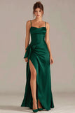 Dark Green Satin Spaghetti Straps Sheath Long Formal Dress with Slit