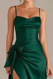 Dark Green Satin Spaghetti Straps Sheath Long Formal Dress with Slit