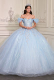 Sky Blue Off The Shoulder Ball-Gown Appliqued Quinceanera Dress