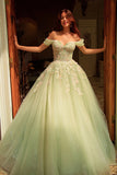 Green Off The Shoulder Ball-Gown Appliqued Quinceanera Dress