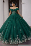 Off The Shoulder Dark Green Ball-Gown Corset Appliqued Quinceanera Dress
