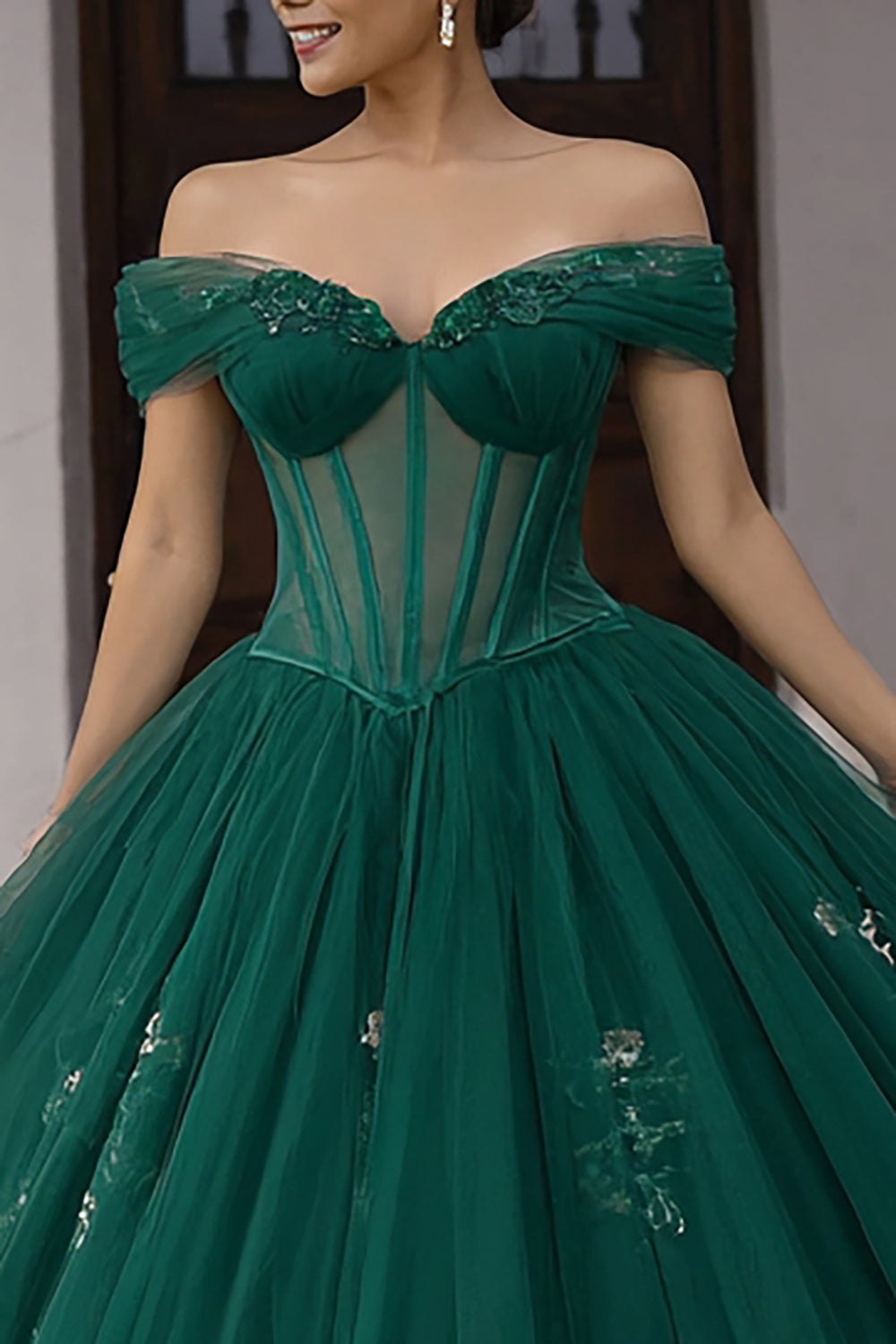 quince dresses dark green Zapaka Women Off The Shoulder Quinceanera Dress Dark Green Ball-Gown Corset Appliqued Sweet 16 Dress, Dark Green / US16