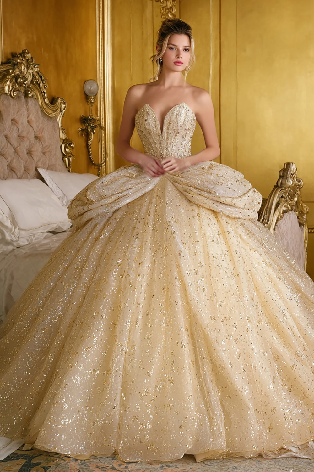 Zapaka Women Sparkly Quinceanera Dress Gold Strapless Ball-Gown Sweet 16 Dress, Golden / US4 Zapaka Women Sparkly Quinceanera Dress Gold Strapless Ball-Gown Sweet 16 Dress, Golden / US4