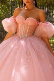 Sparkly Pink Off The Shoulder Ball-Gown Corset Quinceanera Dress