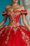Red Off The Shoulder Ball-Gown Appliqued Quinceanera Dress