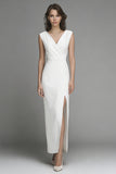 White Sheath V-Neck Long Engagement Dress with Slit