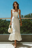 Ivory Square Neck Ruffled Sheath Ankle Length Engagement Dress