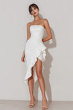 White Strapless Ruffled Bodycon High Low Engagement Dress