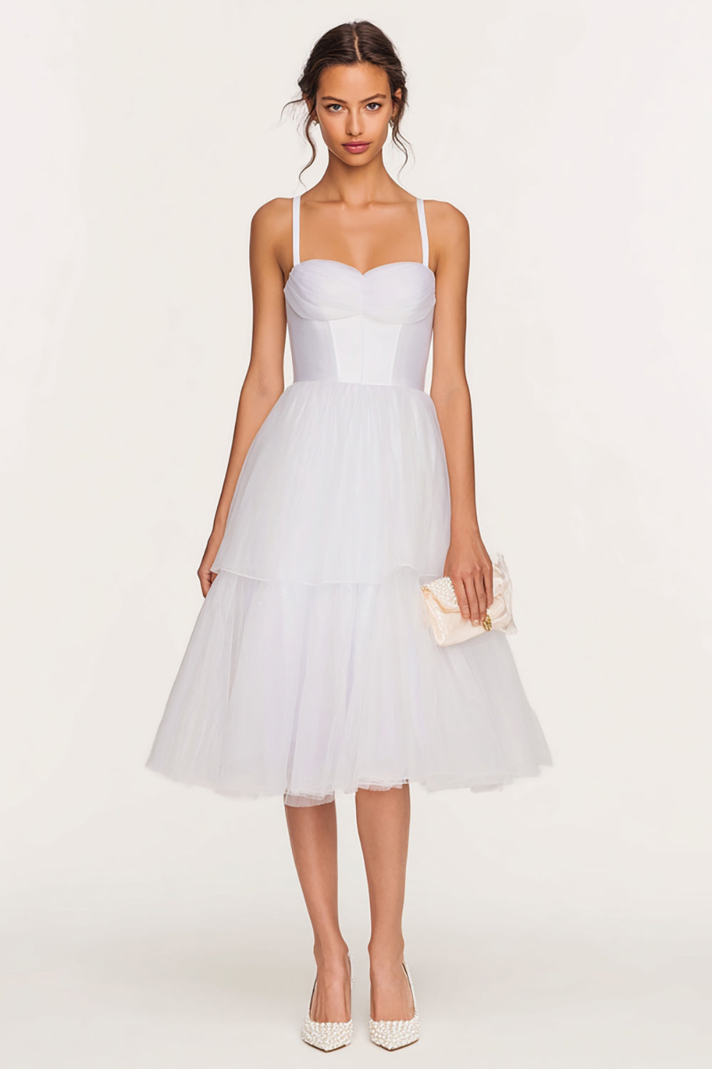 Zapaka Women White Tulle Knee Length Engagement Dress Spaghetti Straps A line Tiered Rehearsal Dinner Dress, White / US22W Zapaka Women White Tulle Knee Length Engagement Dress Spaghetti Straps A line Tiered Rehearsal Dinner Dress, White / US22W