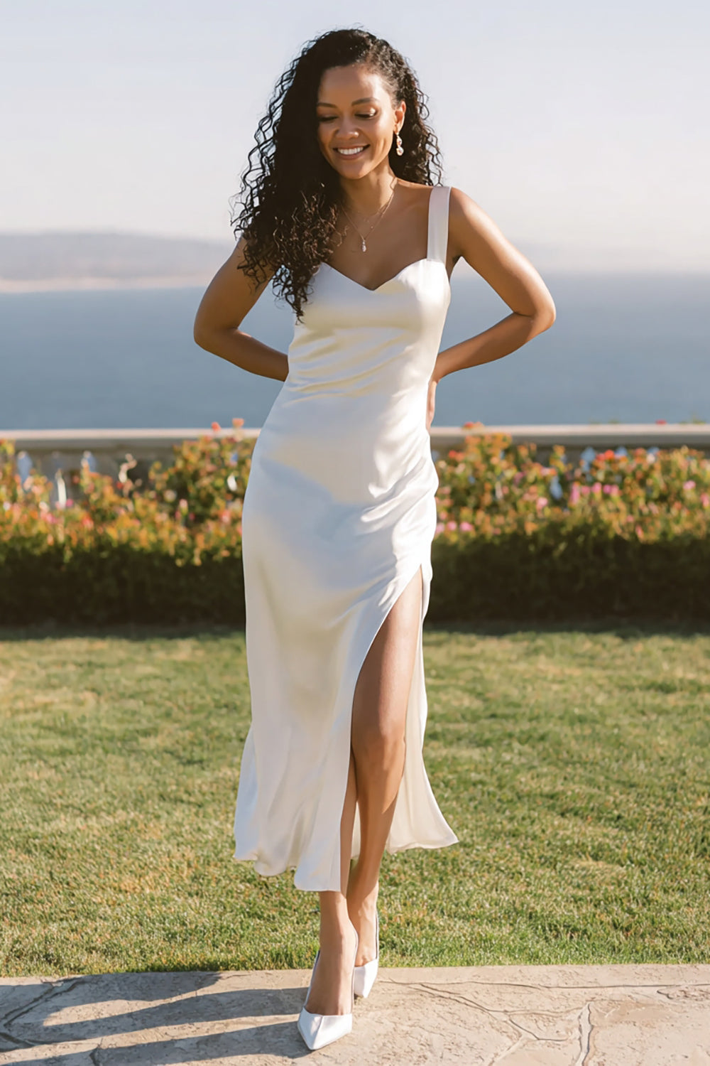 Zapaka Women White Ankle Length Engagement Dress with Slit Thick Straps Sheath Satin Rehearsal Dinner Dress, White / US16 Zapaka Women White Ankle Length Engagement Dress with Slit Thick Straps Sheath Satin Rehearsal Dinner Dress, White / US16