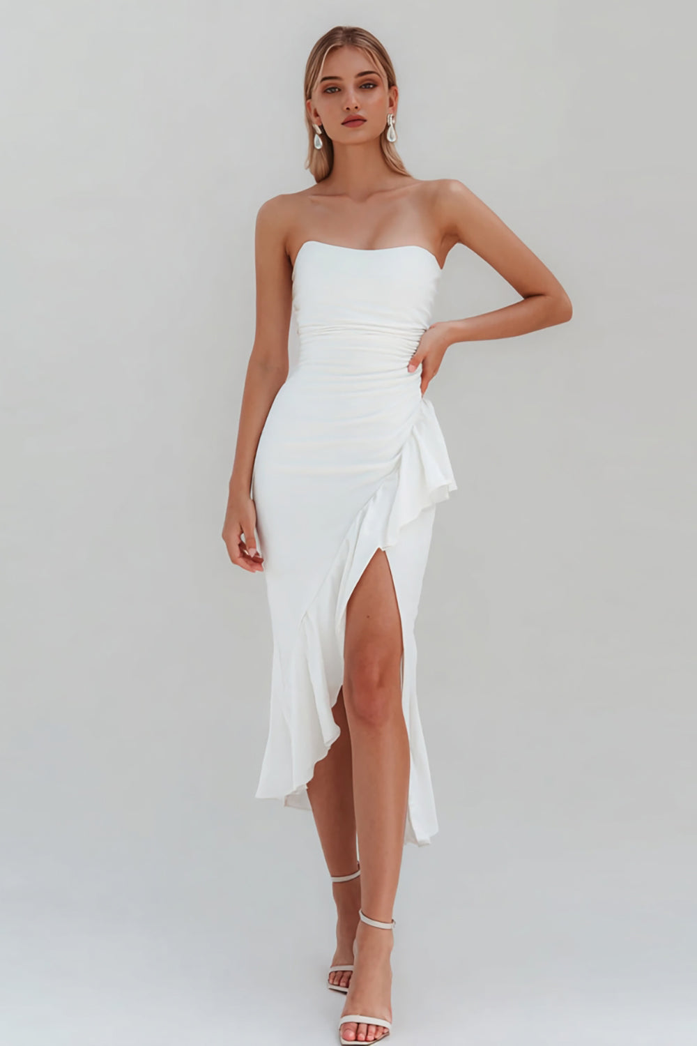 Zapaka Women White Bodycon Midi Bachelorette Dress with Slit Strapless Ruffled Bridal Shower Dress, White / US26W Zapaka Women White Bodycon Midi Bachelorette Dress with Slit Strapless Ruffled Bridal Shower Dress, White / US26W