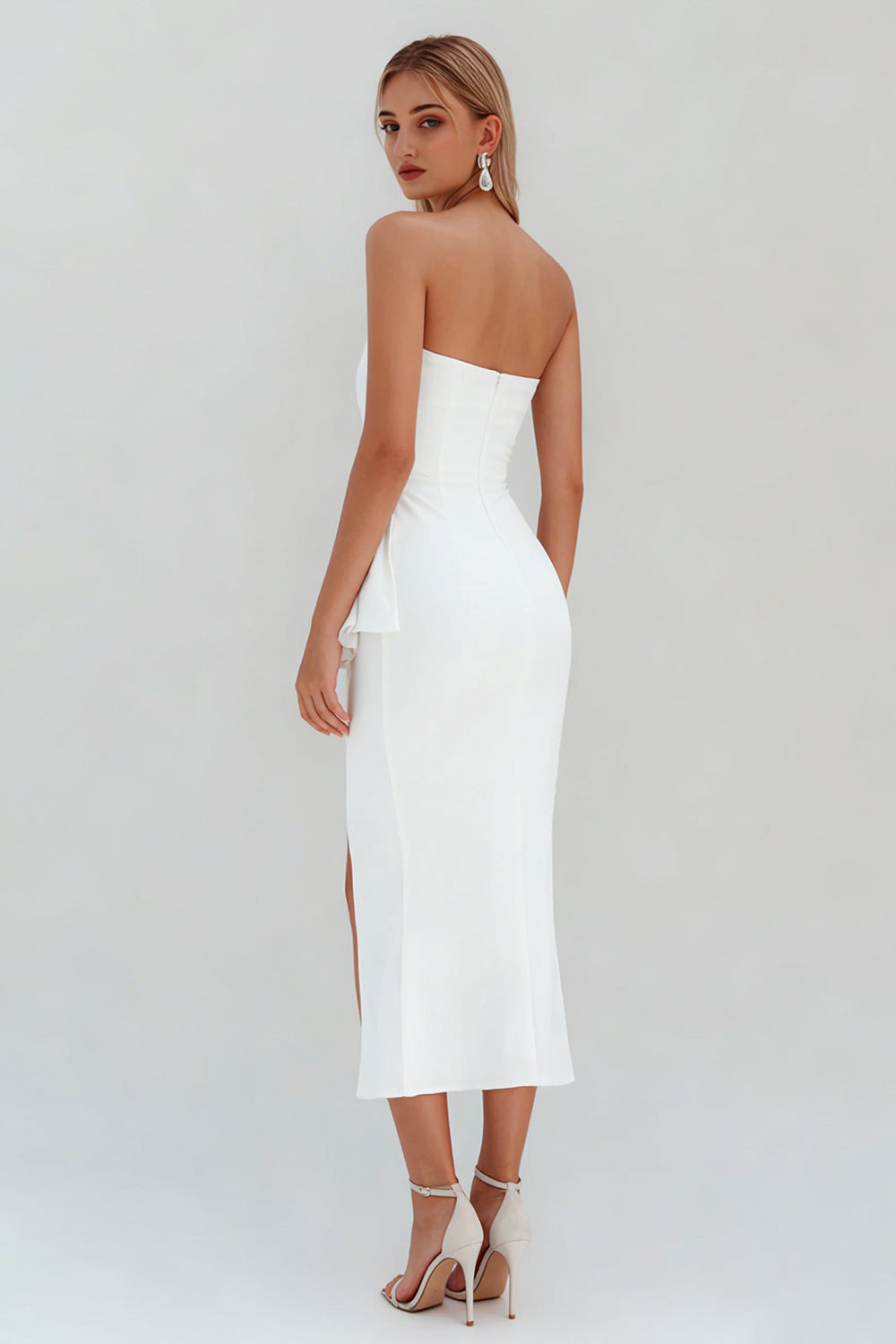Zapaka Women White Bodycon Midi Bachelorette Dress with Slit Strapless Ruffled Bridal Shower Dress, White / US26W Zapaka Women White Bodycon Midi Bachelorette Dress with Slit Strapless Ruffled Bridal Shower Dress, White / US26W
