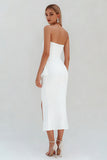 White Strapless Bodycon Midi Ruffled Bachelorette Dress with Slit