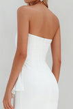 White Strapless Bodycon Midi Ruffled Bachelorette Dress with Slit