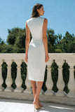 White Bodycon Satin Bateau Neck Midi Engagement Dress