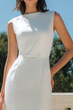 White Bodycon Satin Bateau Neck Midi Engagement Dress