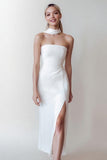White Sheath Strapless Scarf Neck Long Engagement Dress with Slit