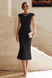 White Mermaid Round Neck Midi Prom Dress with Cap Sleeves