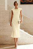 White Mermaid Round Neck Midi Prom Dress with Cap Sleeves