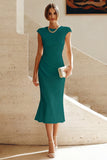 White Mermaid Round Neck Midi Prom Dress with Cap Sleeves