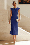 White Mermaid Round Neck Midi Prom Dress with Cap Sleeves