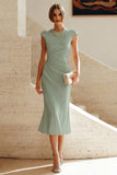 White Mermaid Round Neck Midi Prom Dress with Cap Sleeves