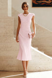 White Mermaid Round Neck Midi Prom Dress with Cap Sleeves