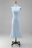 White Mermaid Round Neck Midi Work Dress with Cap Sleeves