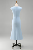 White Mermaid Round Neck Midi Work Dress with Cap Sleeves
