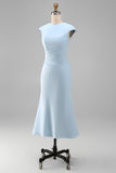 White Mermaid Round Neck Midi Work Dress with Cap Sleeves