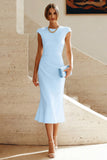 White Mermaid Round Neck Midi Prom Dress with Cap Sleeves