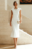 White Mermaid Round Neck Midi Prom Dress with Cap Sleeves